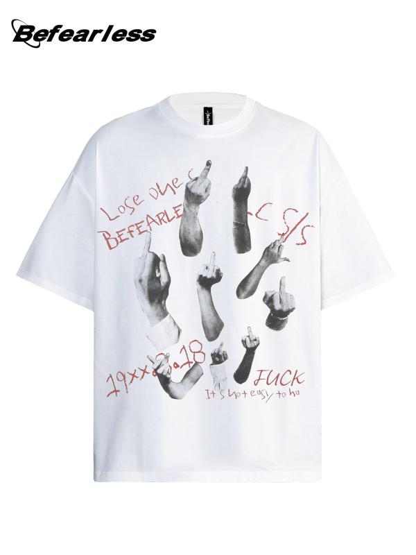 Tシャツ 男性用 高街 コットン トップス 半袖 ラウンドネック 手指プリント ブラック ホワイト 接触冷感 吸湿性 通気性 普段使い