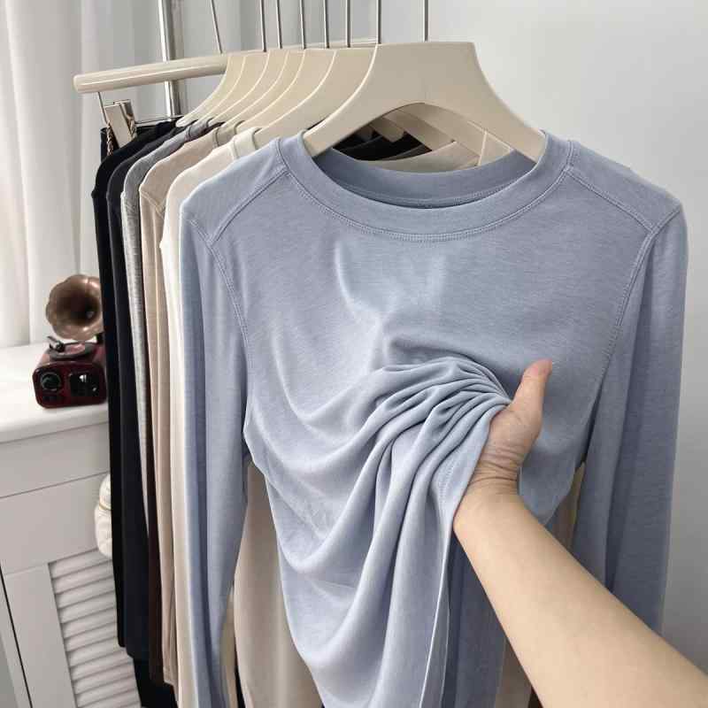 乐天商城 - Tシャツ レディース 長袖 秋冬 レーヨン 正肩 無地 薄手 インナー スリムフィット カットソー トップス カジュアル シンプル かわいい 米白 ブルー ブラック 霜花灰 墨藍灰 亜麻