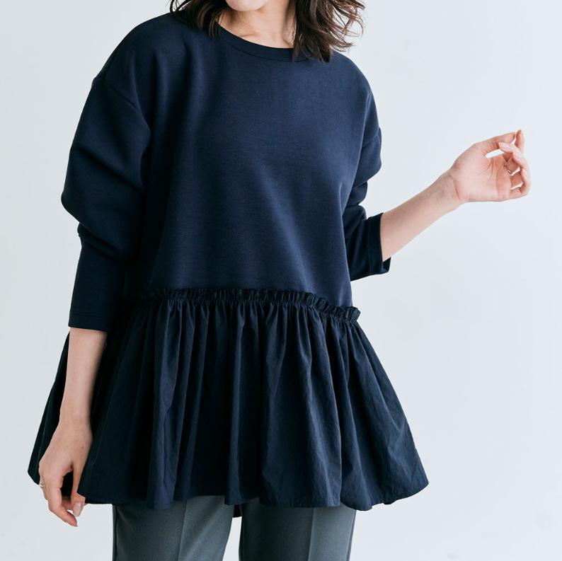 Rakuten - Tシャツ レディース 春秋 長袖 切り替え 不規則ヘム スウェット プルオーバー トップス 5色 婦人服 カットソー ラウンドネック ゆったり カジュアル 日系 普段使い 部屋着 ポリエステル 綿混紡
