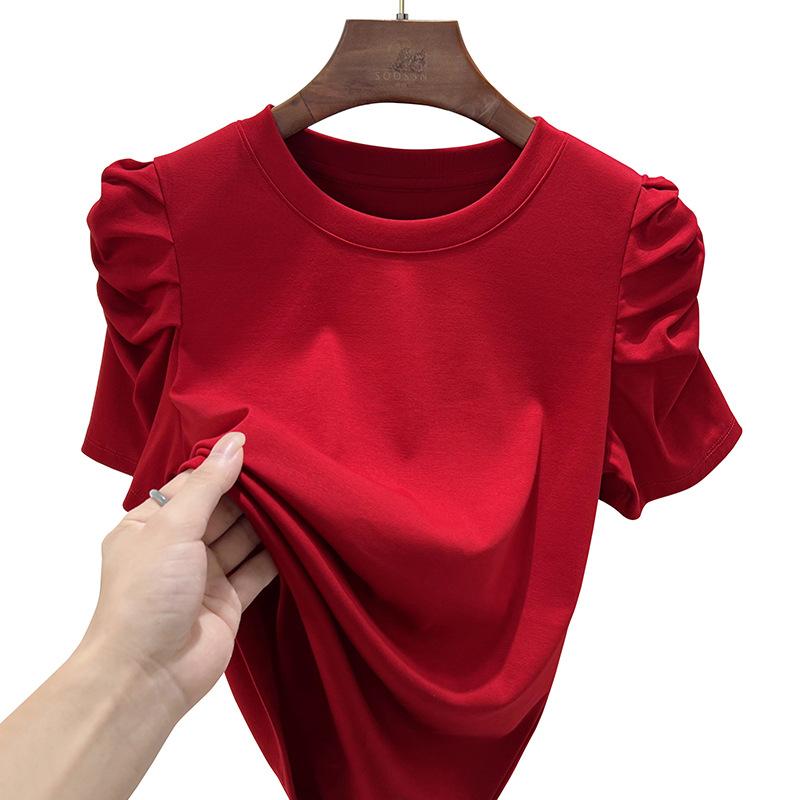 Tシャツ レディース 半袖 新疆綿 トップス カットソー パフスリーブ シャーリング 無地 スリムフィット ラウンドネック ブラック ホワイト ピンク系3