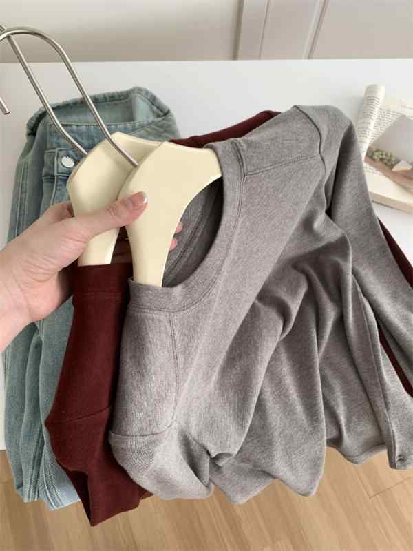 乐天商城 - Tシャツ レディース 長袖 秋冬 保温 インナー ラウンドネック 無地 スリム フィット 柔らかい 肌触り 良い カットソー トップス 白 杏色 グレー 赤3