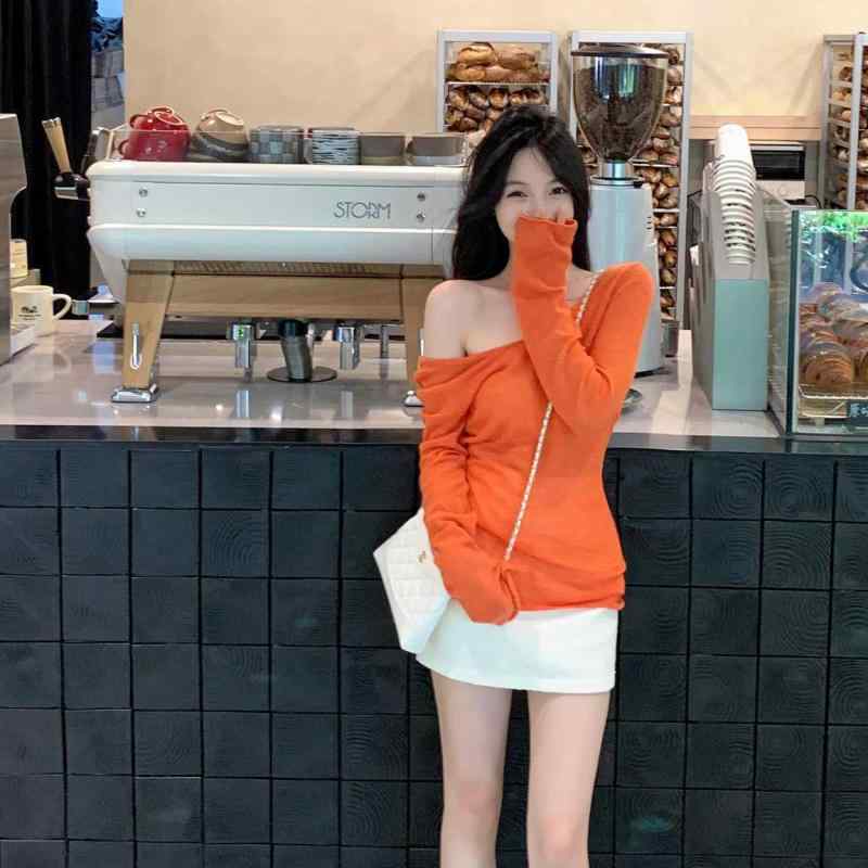 乐天商城 - Tシャツ レディース 長袖 斜めネック トップス スカート セットアップ ニット セーター タイトスカート ハイウエスト スリット オレンジ ホワイト 日韓スタイル カジュアル
