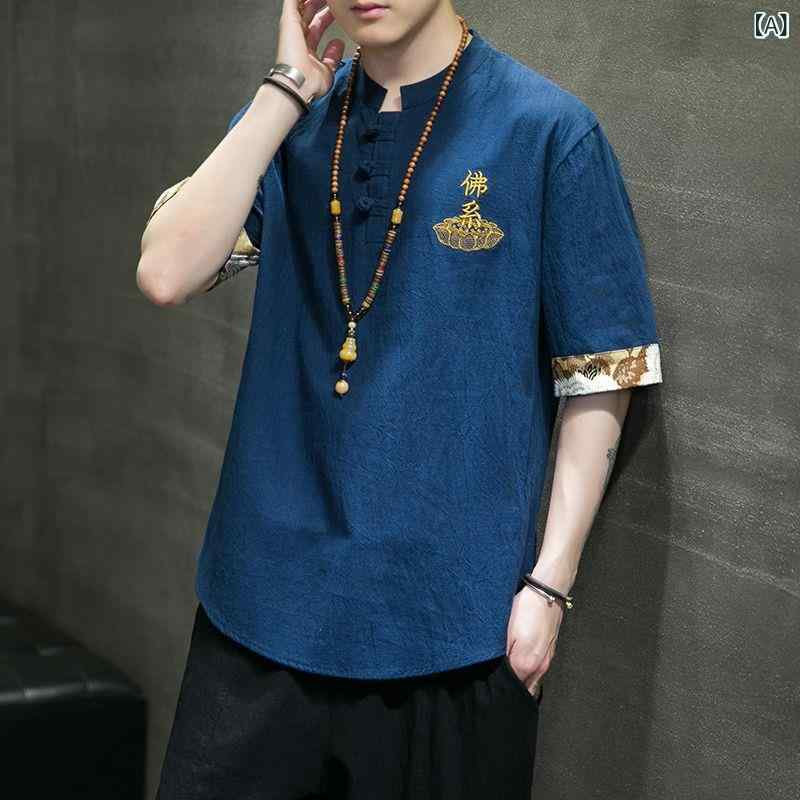 Tシャツ 男性用 和風スタイル 刺繍 ビッグシルエット Tシャツ ルーズフィット 唐装風 綿麻 トップス チャイナスタイル 春夏 立襟 ポリ..
