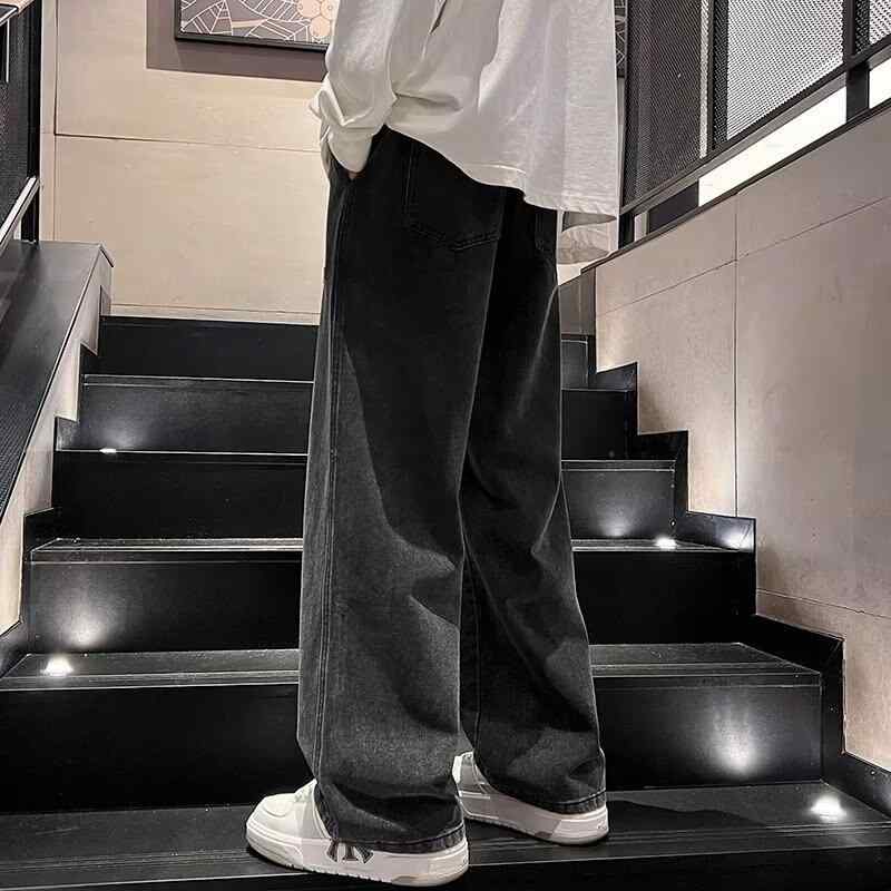 Rakuten - ジーンズ メンズ デニムパンツ ストレート ゆったり ワイドレッグ カジュアルパンツ ウォッシュ加工 黒 グレー 青 ジーパン 男性用 ズボン