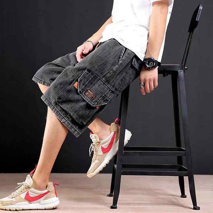 デニム メンズ ハーフパンツ ウォッシュ加工 5分丈 カーゴパンツ ゆったり ワークパンツ ジーパン 短パン 中腰 黒 ブラック ブルー