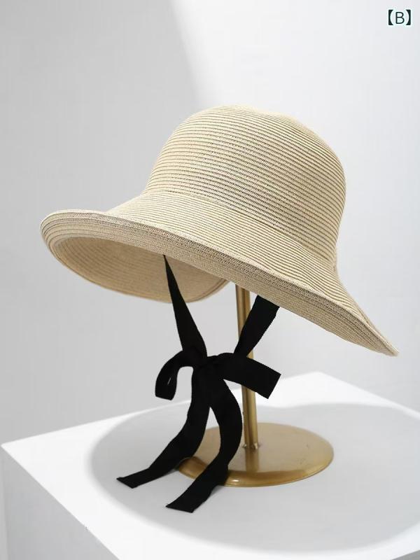 麦わら帽子 レディース 春夏 折りたたみ つば広 UVカット 日焼け防止 紫外線対策 あご紐付き ハット 日よけ帽子 遮光 通気性 涼しい かわいい おしゃれ 旅行用 ビーチ アウトドア ベージュ ブラック3