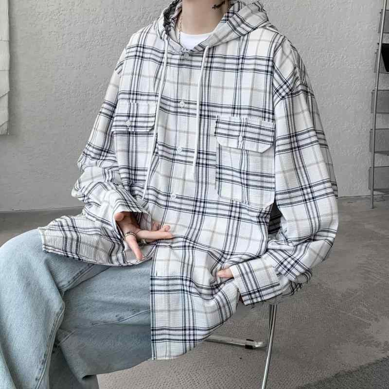 乐天商城 - シャツ メンズ 男性用 長袖シャツ フード付き 格子柄 コットン ゆったり カジュアル ストリート系 トップス 春秋