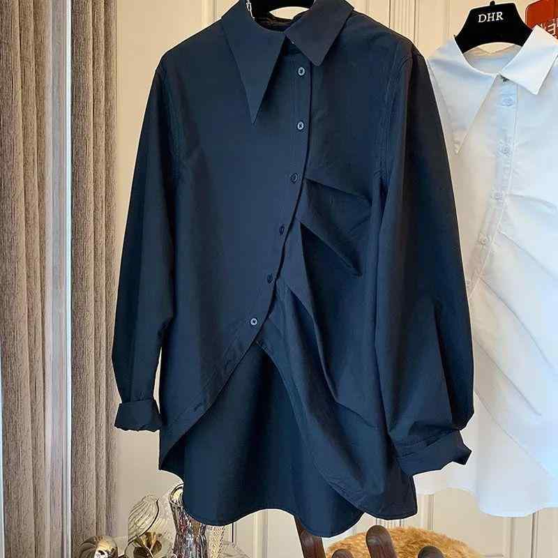 シャツ レディース 大きいサイズ 春秋 ポリエステル デザイン 襟付き 長袖 トップス アシンメトリー 切り替え 無地 ゆったり 通勤 オフィス カジュアル 白 黒 S M L XL XXL・主な素材: ポリエステル・柄: 無地・スタイル: カーディガン・袖丈: 長袖・着丈: 普通(50cm<着丈≤65cm)・ネックライン: 襟付き・袖のタイプ: レギュラー袖・流行の要素: アシンメトリー・カラー: ホワイト, ブラック・サイズ: S, M, L, XL, XXL・フロント: シングルブレスト・风格: 通勤風