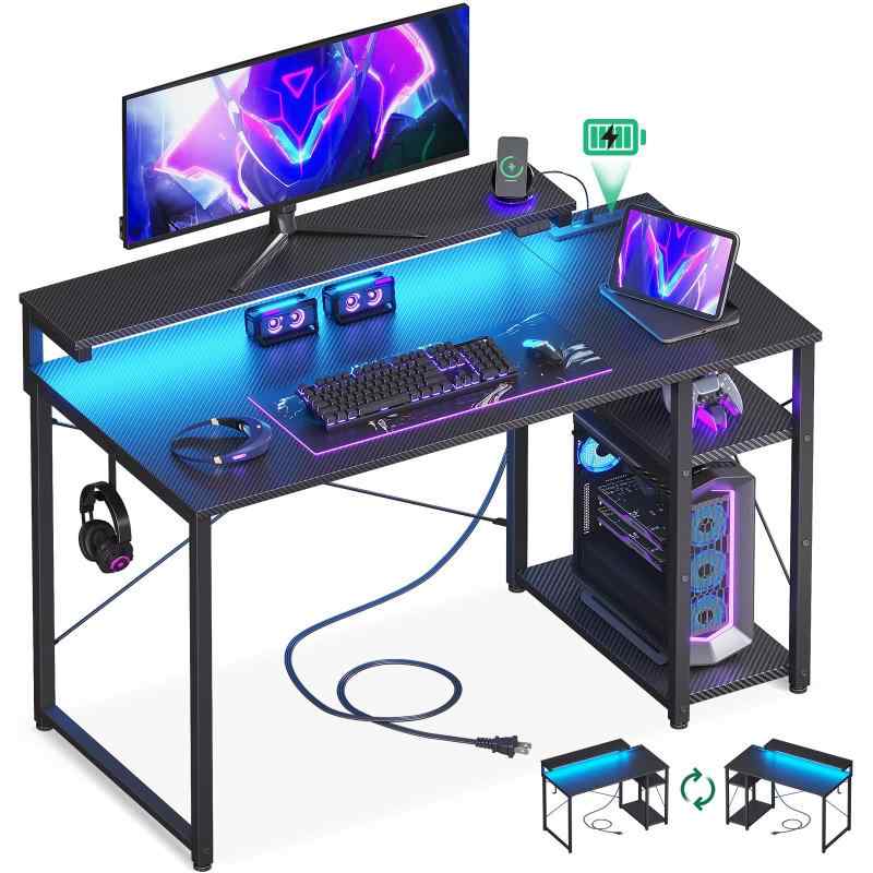 Rakuten - AODK ゲーミングデスク パソコンデスク ラック&コンセント付き 幅100/120cm 机 pcデスク ゲームデスク gaming desk モニター台&LED付き ゲーミングテーブル 左右入れ替え対応 カーボン調