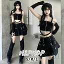 タンクトップ レディース ショート丈トップス ヘソ出し ノースリーブ 肩出し ダンストップス セクシー ds舞台服 ストリート イベント 韓国ファション ヒップホップ 黒 かっこいい 衣装 ストラップ ブラック 暗い風 黒スカート リベット付き セットアップ