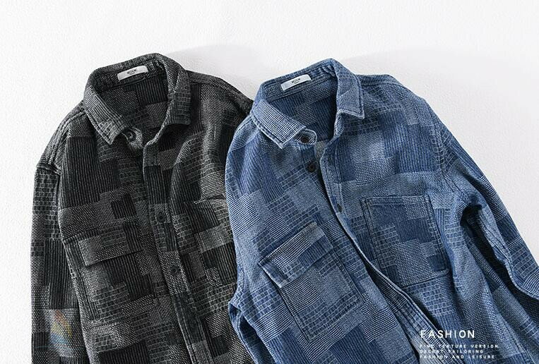 デニムシャツ メンズ カジュアルシャツ 長袖シャツ デニム トップス 幾何柄 ワークシャツ 春服 秋服 シャツ デニムシャツ メンズファション感 長袖シャツ アメカジ お兄系 おしゃれ ブラック ブルー