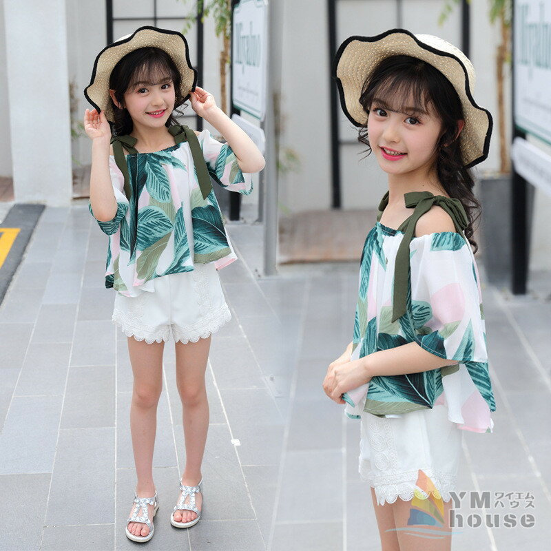 子供服 セットアップ 葉柄ブラウス ショートパンツ ガールズ 女の子 ブラウス 可愛い キッズ 上下セット 韓国風 ビーチ ハワイ風 海 旅行 夏物 半袖Tシャツ トップス 2点セット 女の子服 かわいい おしゃれ 110-160cmのサムネイル