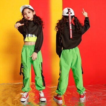 キッズダンス衣装 パーカー サルエルパンツ ヒップホップダンス衣装 トップス HIPHOP ダンス 衣装 キッズ ダンス 女の子 ジャズ ダンストップス ダンスパンツ 練習着 ガールズ ジャッズ グリーン 緑