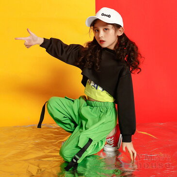 キッズダンス衣装 パーカー サルエルパンツ ヒップホップダンス衣装 トップス HIPHOP ダンス 衣装 キッズ ダンス 女の子 ジャズ ダンストップス ダンスパンツ 練習着 ガールズ ジャッズ グリーン 緑