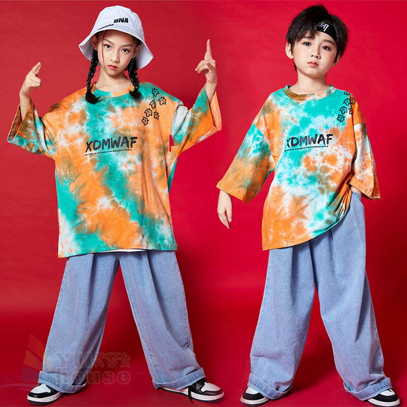 タイダイ キッズダンス衣装 デニムパンツ セットアップ 派手 tシャツ jazz ヒップホップ ロングパンツ HIPHOP 女の子 男の子 Tシャツ 子供ダンス 韓国ファション 演出服 デニム