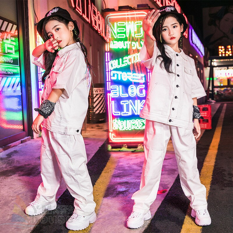 セットアップ ダンス衣装 ヒップホップ キッズ こども服 男の子 女の子 ストリート シャツ+ロングパンツ hiphop 韓国 ファション 練習着 子供ダンス 発表会 サルエルシャツ 白 ホワイト