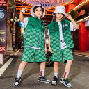 ダンス衣装 セットアップ キッズ ベスト チェック パンツ 派手 英字柄 男の子 女の子 ダンス衣装 韓国 k-pop ストリート ヒップホップ hiphop ジュニア おしゃれ 舞台 演出服 110-180cm