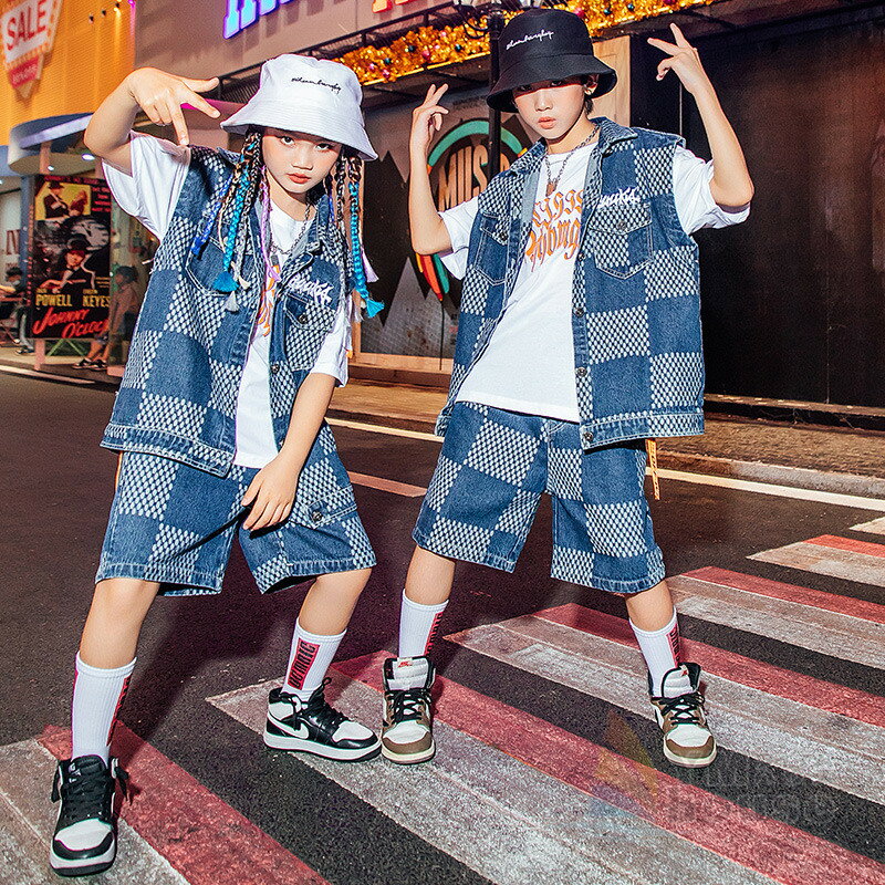 セットアップ キッズ ダンス衣装 ヒップホップ ベスト チェック パンツ 派手 男の子 女の子 ダンス衣装 韓国 k-pop ストリート hiphop ジュニア おしゃれ 男女兼用 発表会 舞台 演出服 110-180cm 1