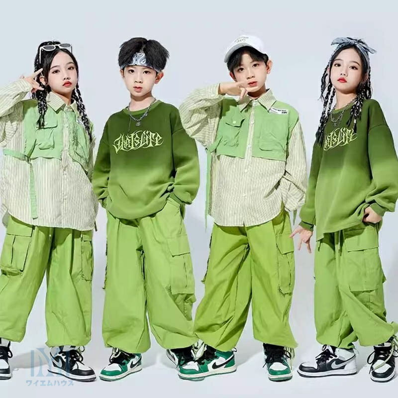 キッズ ダンス 衣装 派手 セットアップ 女の子 男の子 トップス ヒップホップ ストリート hiphop トップス シャツ パーカー 緑 グリーン ロングパンツ 長袖 子供服 キッズ ジュニア ステージ衣装 レッスン着 110-180cm