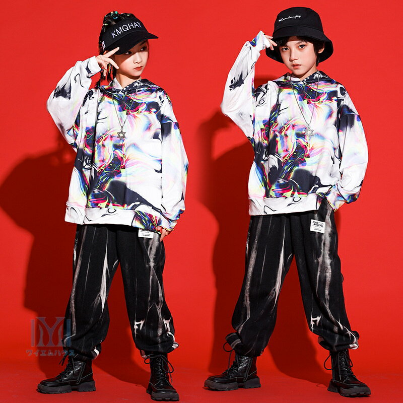 ヒップホップ キッズ ダンス衣装 セットアップ k-pop衣装 タイダイ染め トップス HIPHOP 長袖 パーカー 黒 サルエルパンツ 男の子 女の子 ジャズダンス ガールズ ボーイズ jazz 上下セット 子ども服 ダンス 衣装 ステージ衣装 目立つ カッコイイ 演出服 練習着 110-180cm
