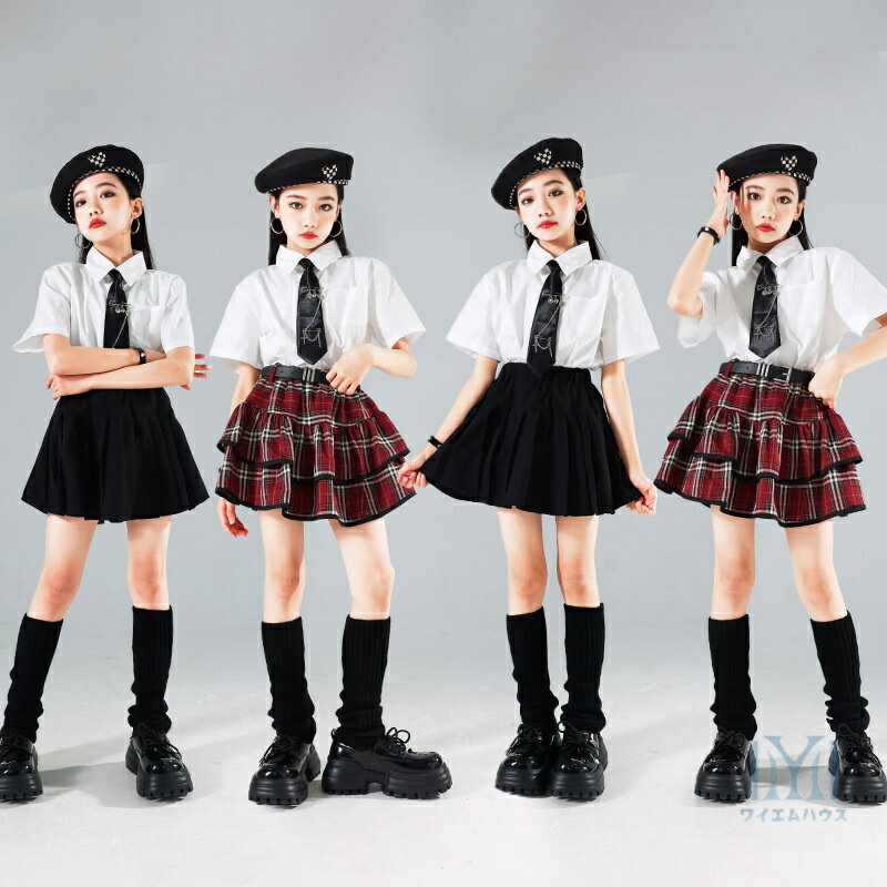k-pop衣装 キッズ ダンス衣装 ヒップホップ 派手 半袖 白シャツ チェック柄スカート 可愛い hiphop 女の子 セットアップ 韓国ファション 演出服 jazz 子供ダンス ステージ衣装 ジュニア 発表会 応援団 レッスン着 団体服 ダンスウェア 練習着 チアガール 120-170cm