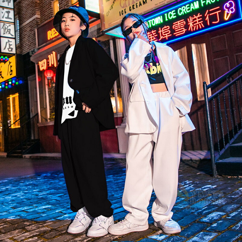 乐天商城 - ダンス衣装 キッズ ダンススーツ ヒップホップ 子供服 ロングパンツ ブラック ホワイト 長袖 スーツジャケット 女の子 男の子 セットアップ 演出服 ストリート 韓国 ダンスファション ステージ服 舞台衣装 応援団 演出服 男女兼用 イベント おしゃれ