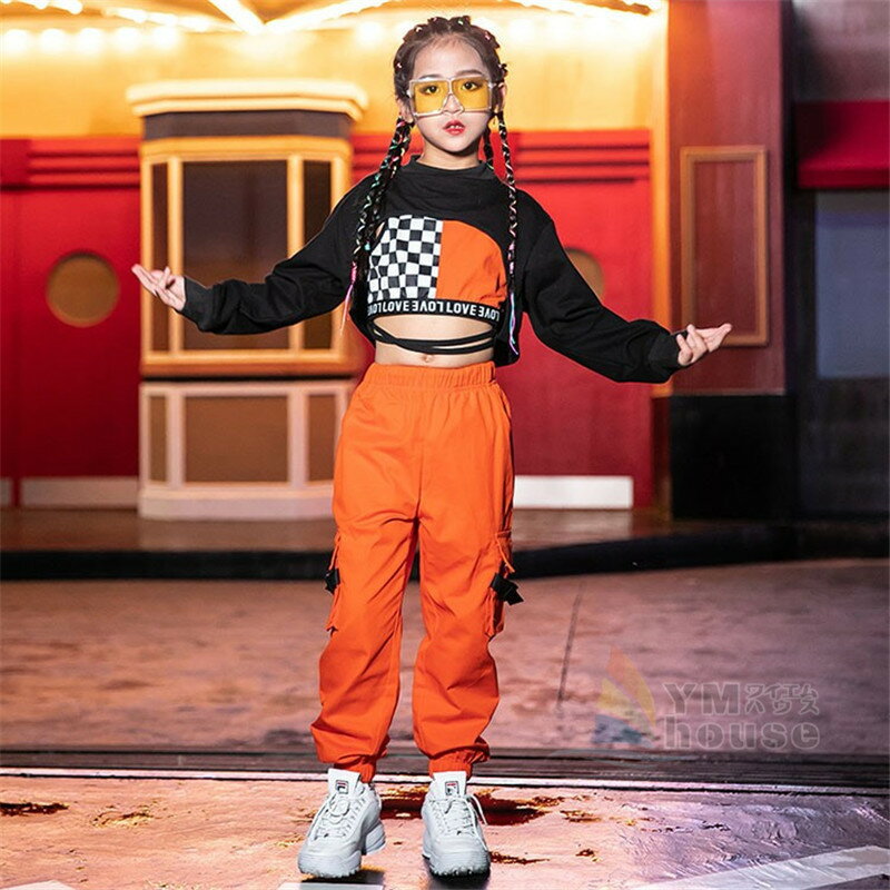 キッズダンス衣装 セットアップ ヒップホップ HIPHOP オレンジ 3点セット 子供服 長袖 チェック柄 トップス パンツ 女の子 チアガール 練習着 演出服