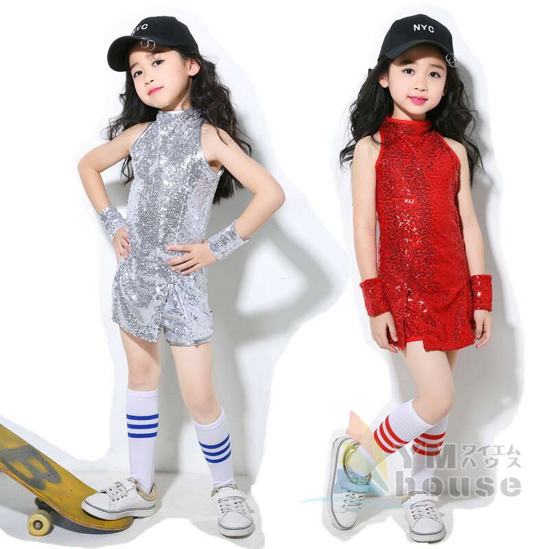 ダンス 衣装 スパンコール キラキラ ヒップホップ キッズ ジャズダンス ステージ衣装 女の子 セットアップ キッズ ダンス チア ユニフォーム 応援団 90cm-160cm