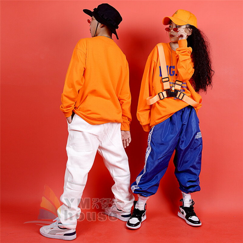 【送料無料】キッズダンス衣装 ヒップホップ HIPHOP セットアップ 子供服 HIPHOP 長袖 オレンジトップス パンツ ズボン 男の子 女の子 チアガール ジャズダンス 練習着 演出服 120cm 130cm 140cm 150cm 160cm 170cm