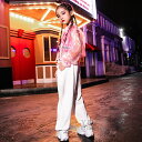 【送料無料】キッズダンス衣装 ヒップホップ HIPHOP 3点セット 子供服 女の子 透明トップス ピンクタンクトップ ロングパンツ 白ズボン セットアップ 上下セット 子供衣装 子供ダンス 舞台服 ステージ 演出 ピンク 2