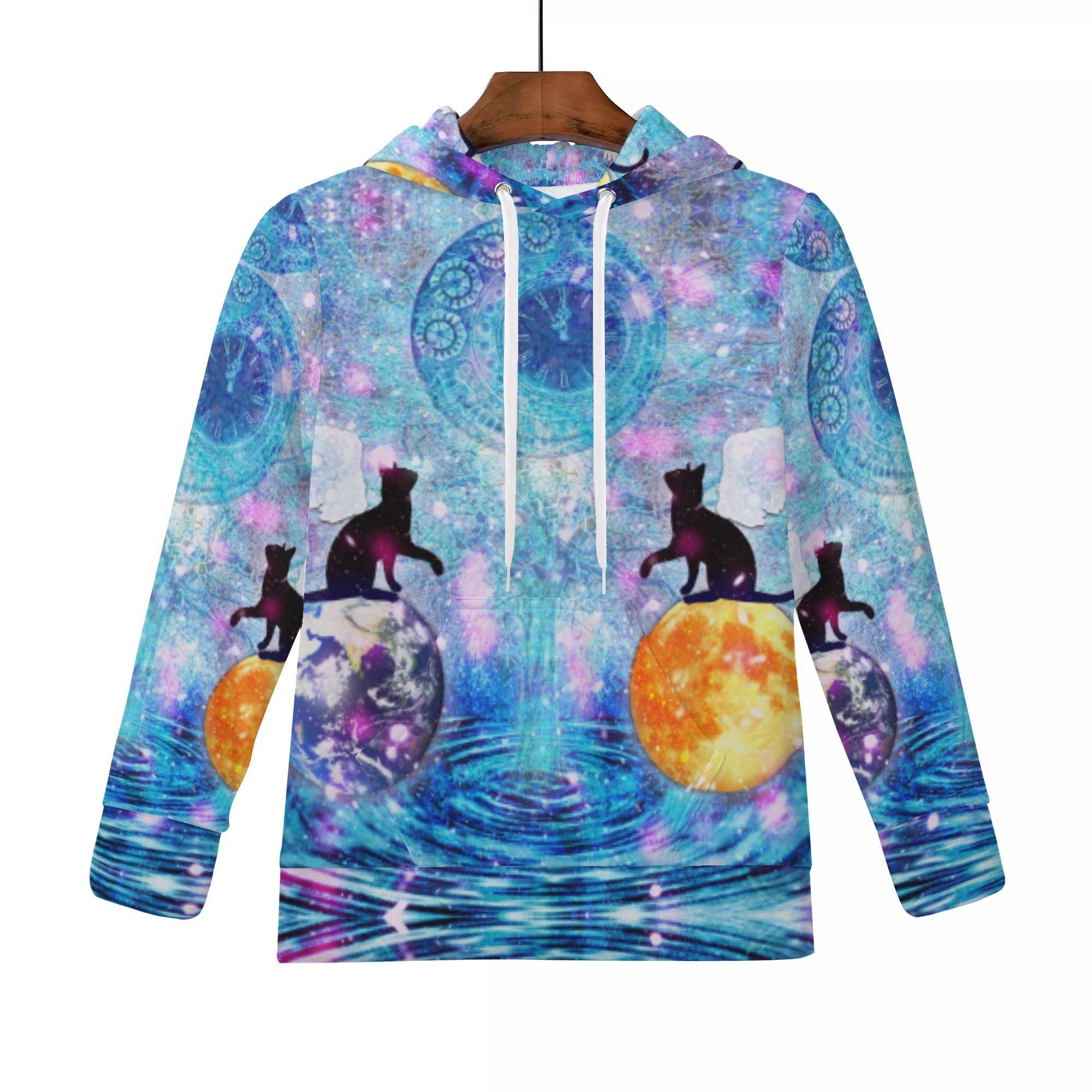 月ネコと地球ネコ(キッズフードパーカー) キッズフードパーカー キッズ アート 青 可愛い イラスト ねこ 花 写真 月 綺麗 星 スタイリッシュ ファンタジー 幻想的 太陽 地球 黒猫 樹