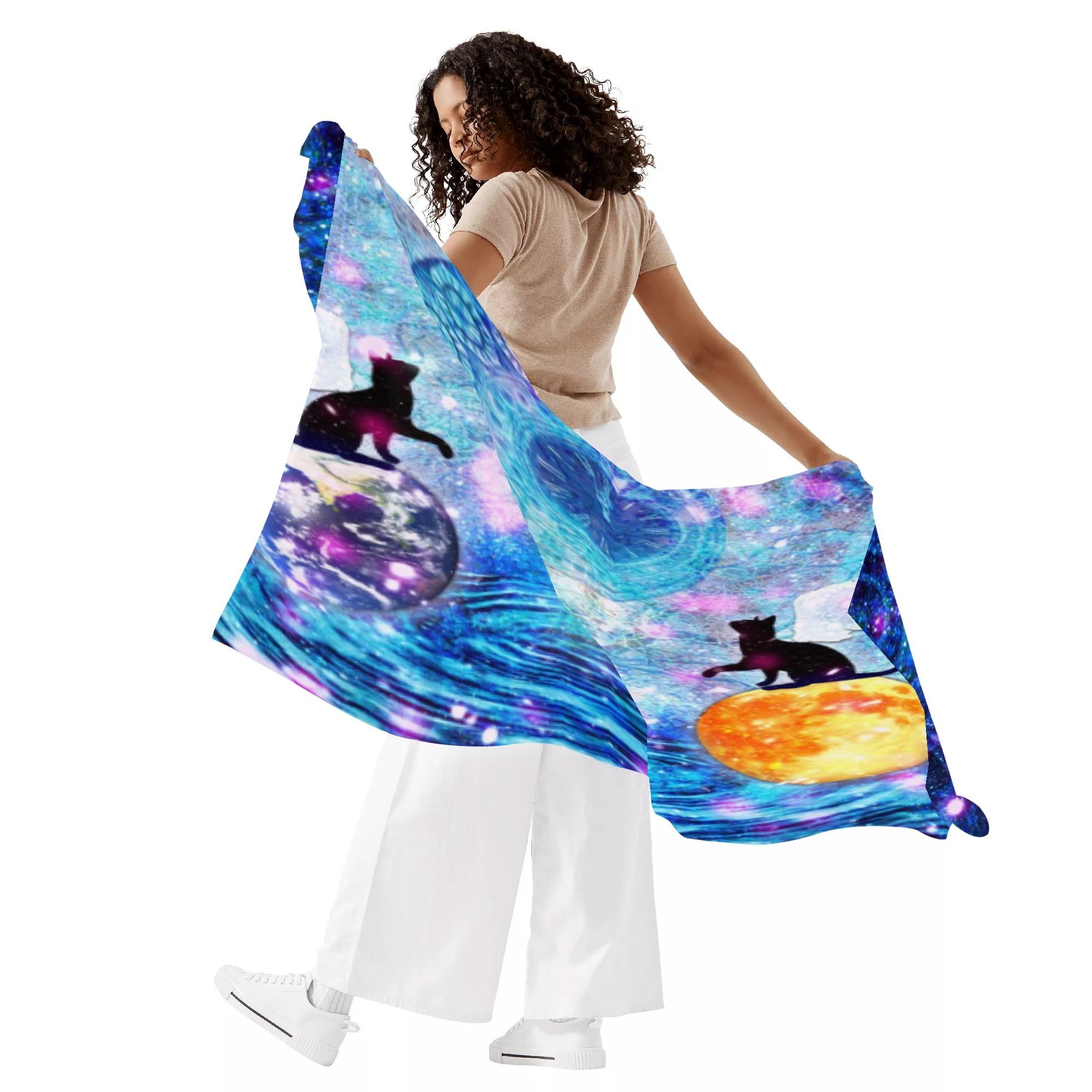 月ネコと地球ネコ(サロンスカーフ) サロンスカーフ レディース 動物 アート 青 可愛い イラスト ねこ ..