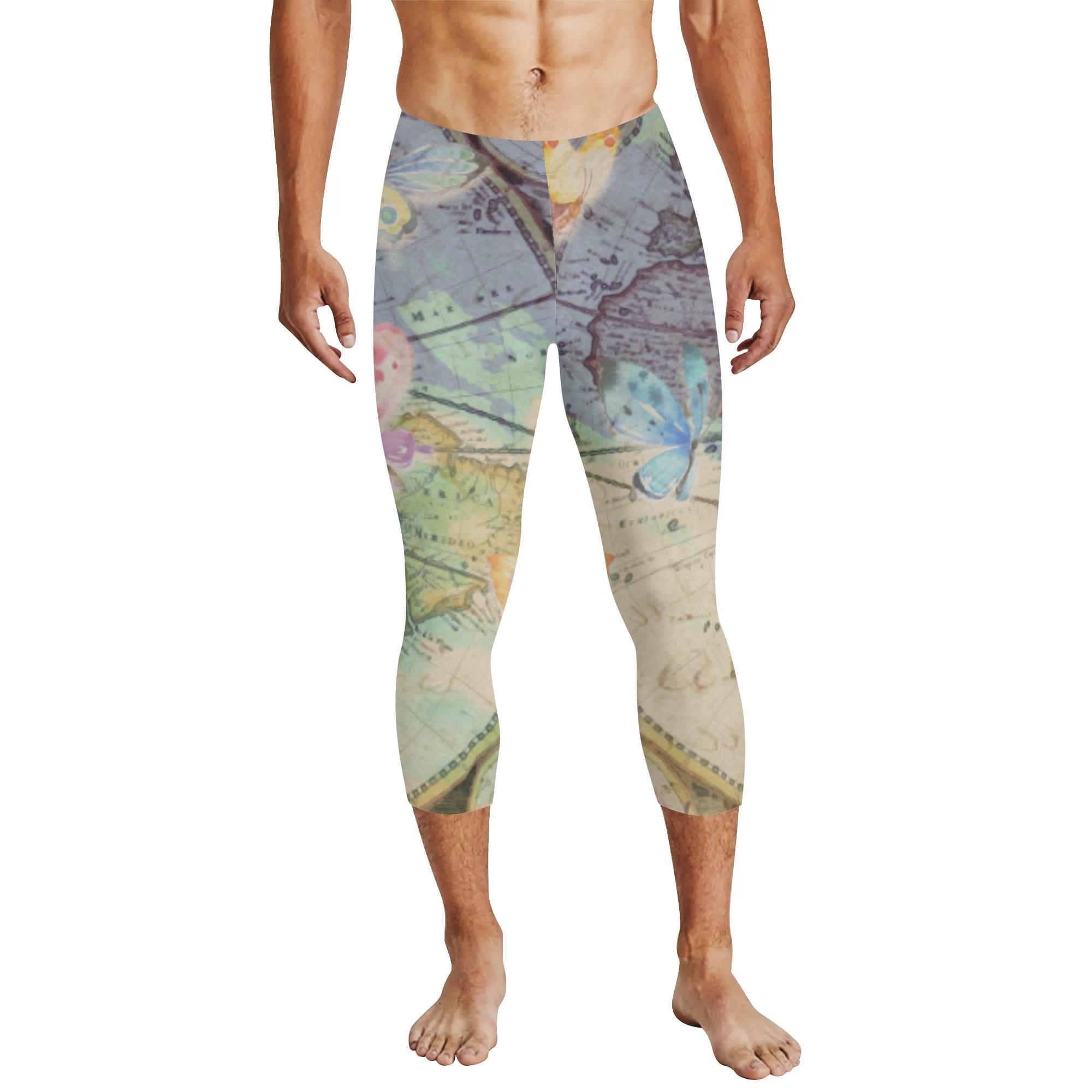 旅する蝶々(メンズレギンス 7分丈) メンズレギンス 7分丈 メンズ アート デザイン 綺麗 個性的 お洒落 ファンタジー 蝶々 大人可愛い アンティーク コラージュ 地図 世界 ビンテージ 旅