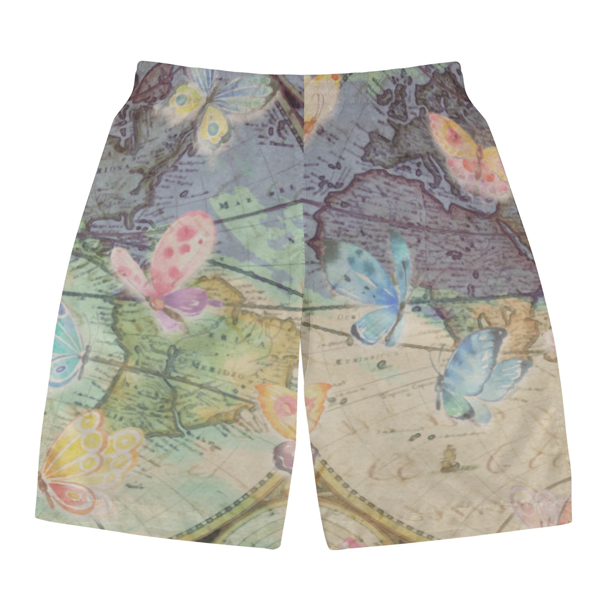 旅する蝶々(メンズサーフパンツ) メンズサーフパンツ メンズ アート デザイン 綺麗 個性的 お洒落 ファンタジー 蝶々 大人可愛い アンティーク コラージュ 地図 世界 ビンテージ 旅