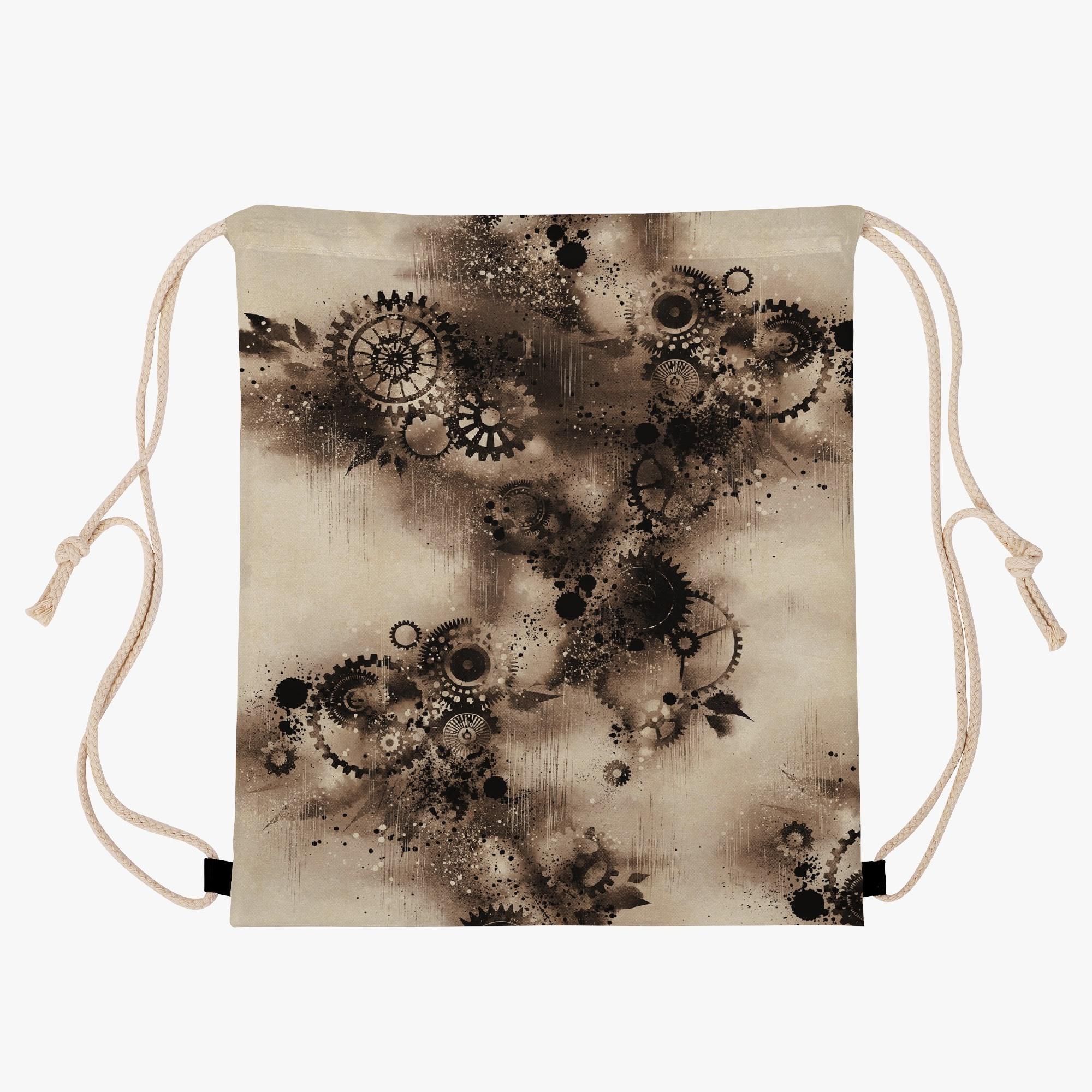 歯車霧雨セピア(ナップサック) ナップサック ユニセックス バッグ 全て アート 歯車 ギア シルエット 葉 飛沫 セピア 冴木みやこ _ID018(4)