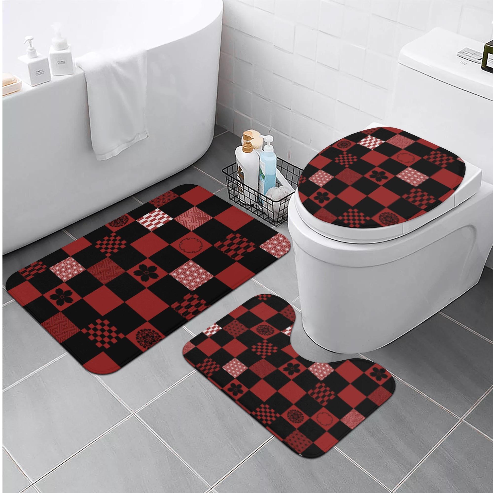 和の地紋文様柄 えんじ色(トイレマットセット) トイレマットセット ユニセックス ホームデコレーション 全て 和風 和柄 桜 雪輪 麻の葉 地紋 紗綾紋 紋様 矢絣 市松模様 六華唐草 えんじ色