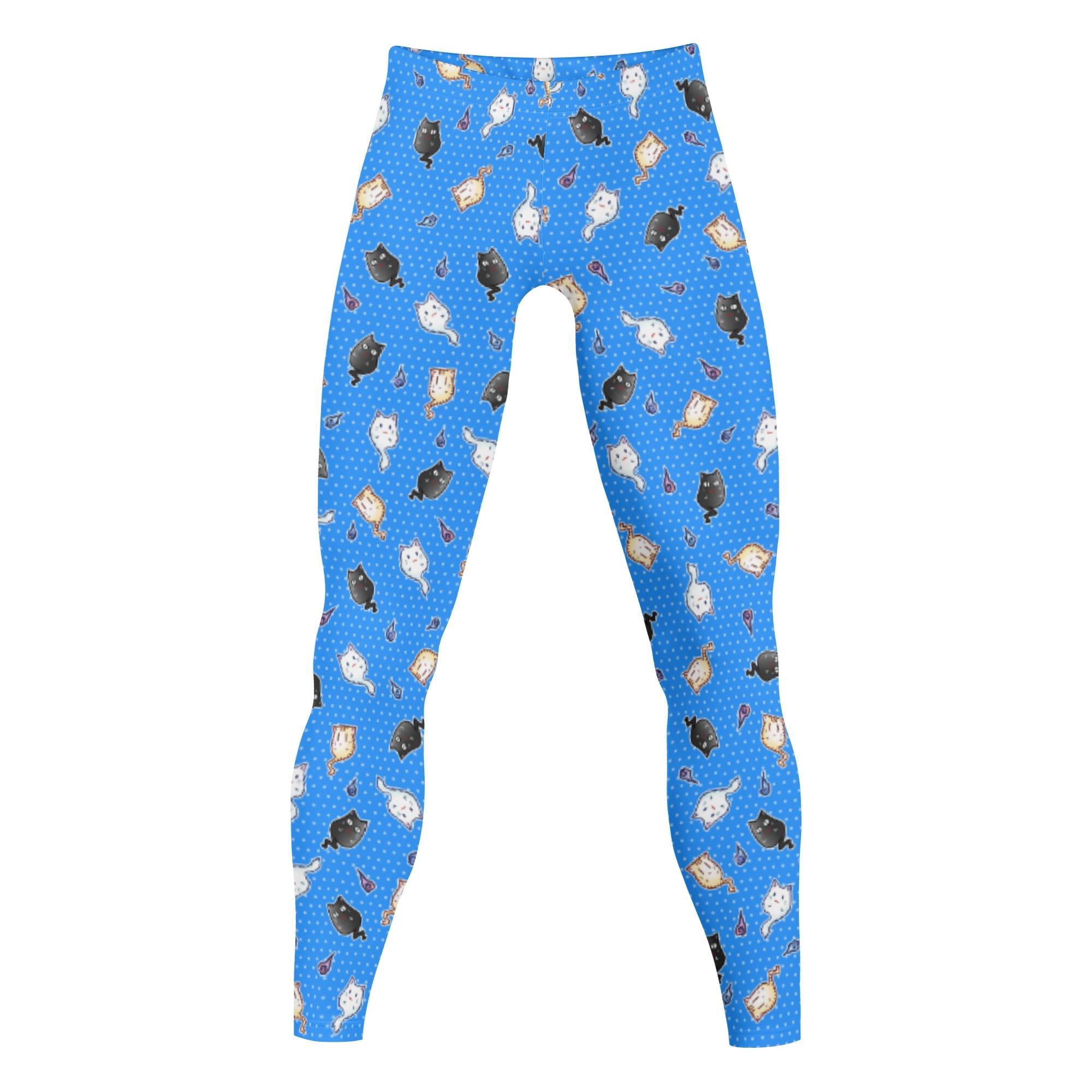 ねこゆうれい青総柄(メンズレギンス 10分丈) メンズレギンス 10分丈 メンズ 全て 動物 キャラクター 猫 可愛い ねこ オリジナルキャラクター 幽霊 おばけ 鬼火 火の玉 ほのぼの