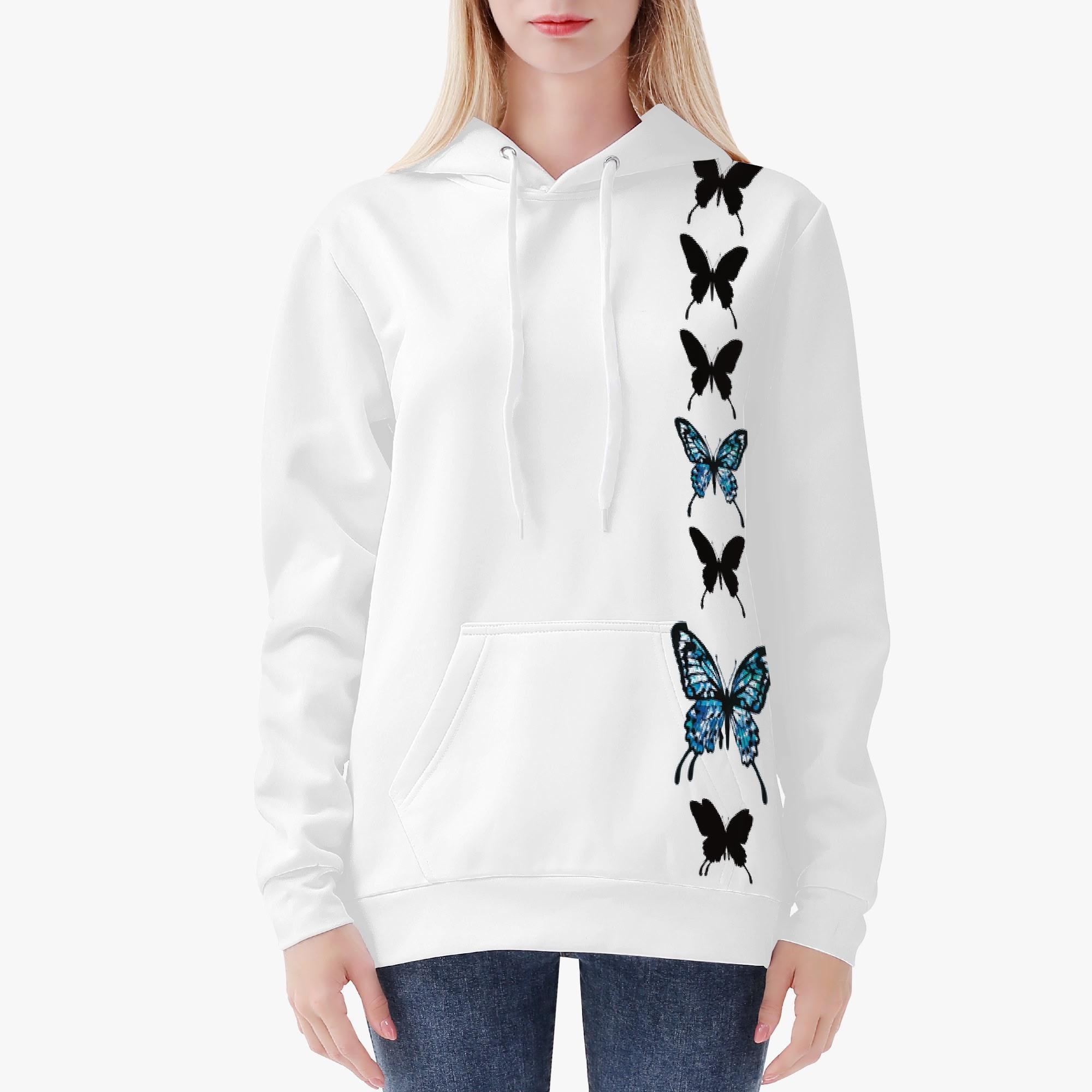 アゲハ蝶連青黒(レディースフードパーカー) レディースフードパーカー レディース 全て 青 黒 シルエット アゲハ蝶 揚羽蝶 ランダム 寒色 冴木みやこ _ID018(4)