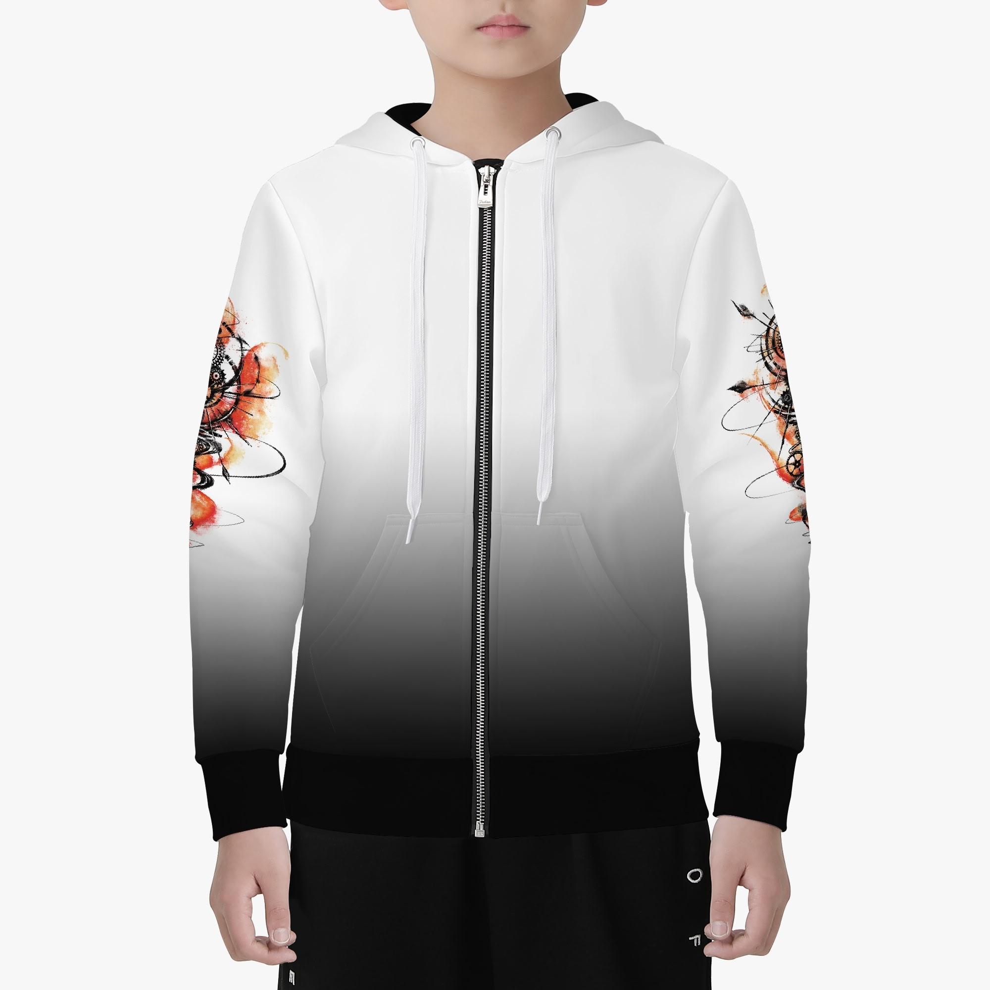 歯車廻赤(キッズジップアップフードパーカー) キッズジップアップフードパーカー キッズ 全て 赤 歯車 ギア シルエット 毛筆 アナログ風 冴木みやこ _ID018(4)