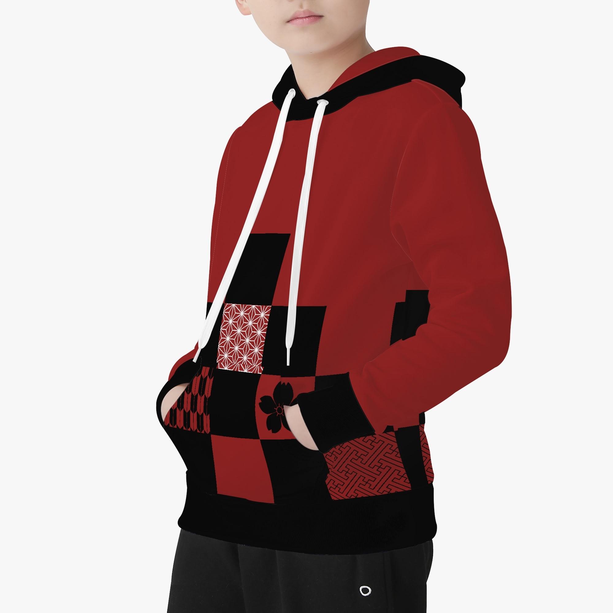 和の地紋文様柄 えんじ色(キッズフードパーカー) キッズフードパーカー キッズ 全て 和風 和柄 桜 雪輪 麻の葉 地紋 紗綾紋 紋様 矢絣 市松模様 六華唐草 冴木みやこ _ID018(4)