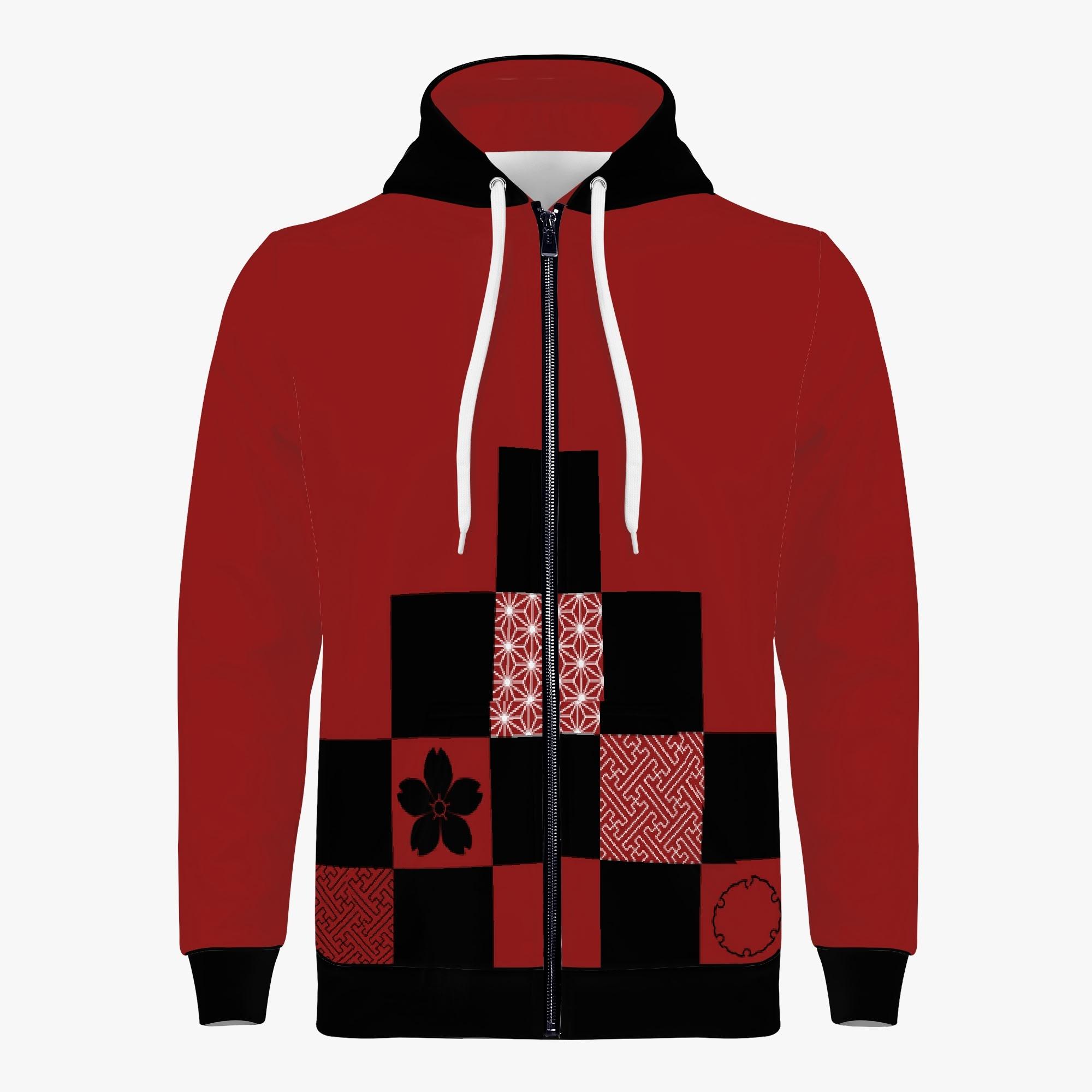 和の地紋文様柄 えんじ色(メンズジップアップフードパーカー) メンズジップアップフードパーカー メン..