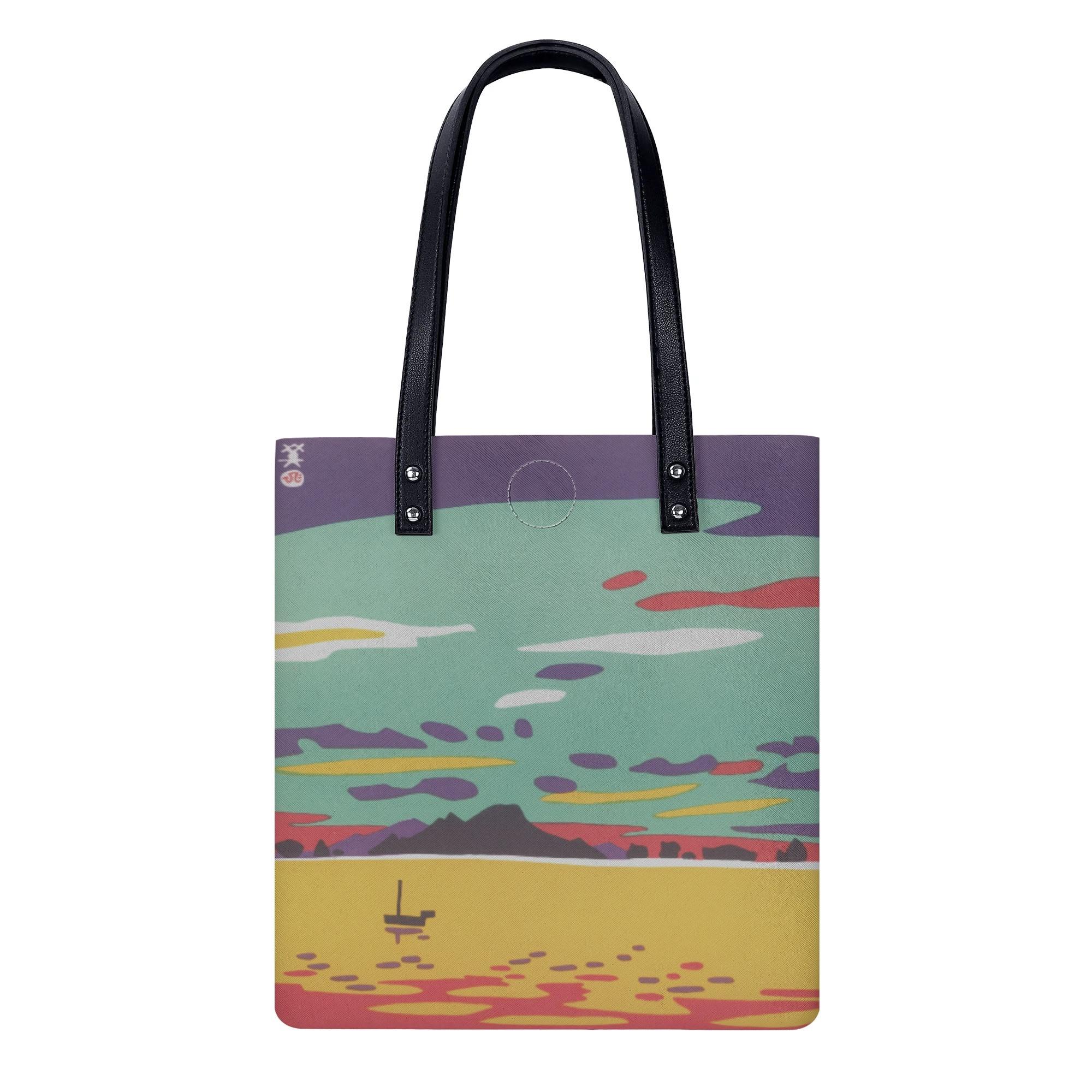 家島群島(PUレザーハンドバッグ) PUレザーハンドバッグ ユニセックス バッグ アート 海 夕暮れ 夕焼け 舟 船 島 夕方 群島 瀬戸内海 家島 Hiibuni _ID018