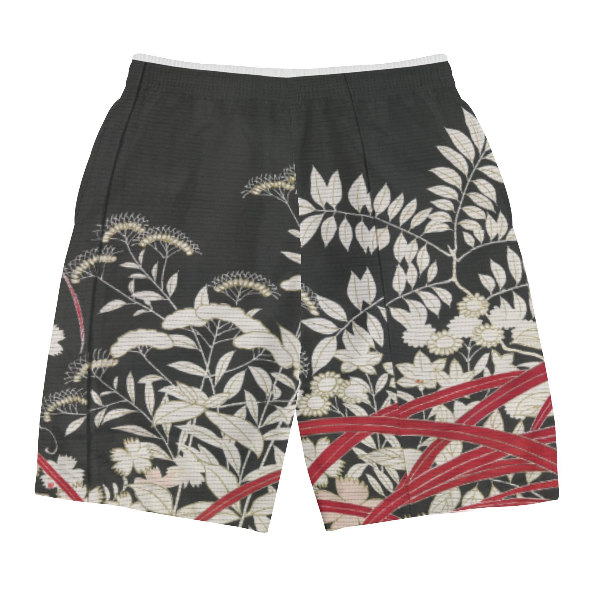 秋草の黒留袖(メンズサーフパンツ) メンズサーフパンツ メンズ 全て ボタニカル 総柄 和 派手 和柄 botanical 草 着物 和服 留め袖 KIMONO Hiibuni _ID018