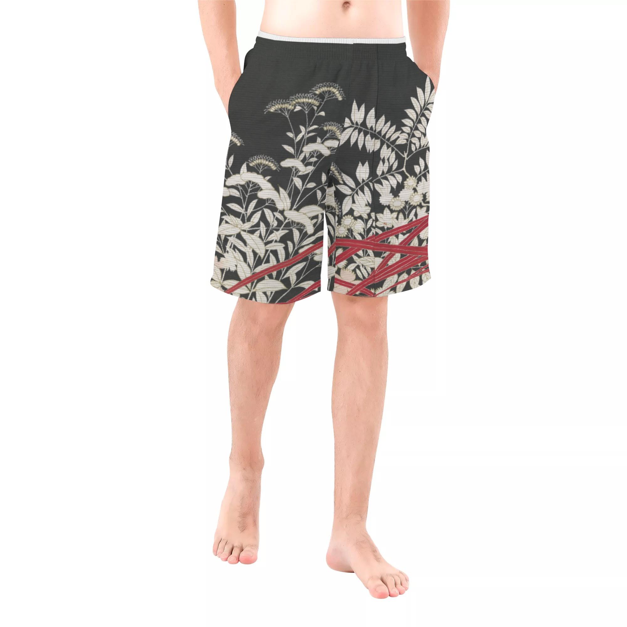 秋草の黒留袖(メンズサーフパンツ) メンズサーフパンツ メンズ 全て ボタニカル 総柄 和 派手 和柄 botanical 草 着物 和服 留め袖 KIMONO Hiibuni _ID018