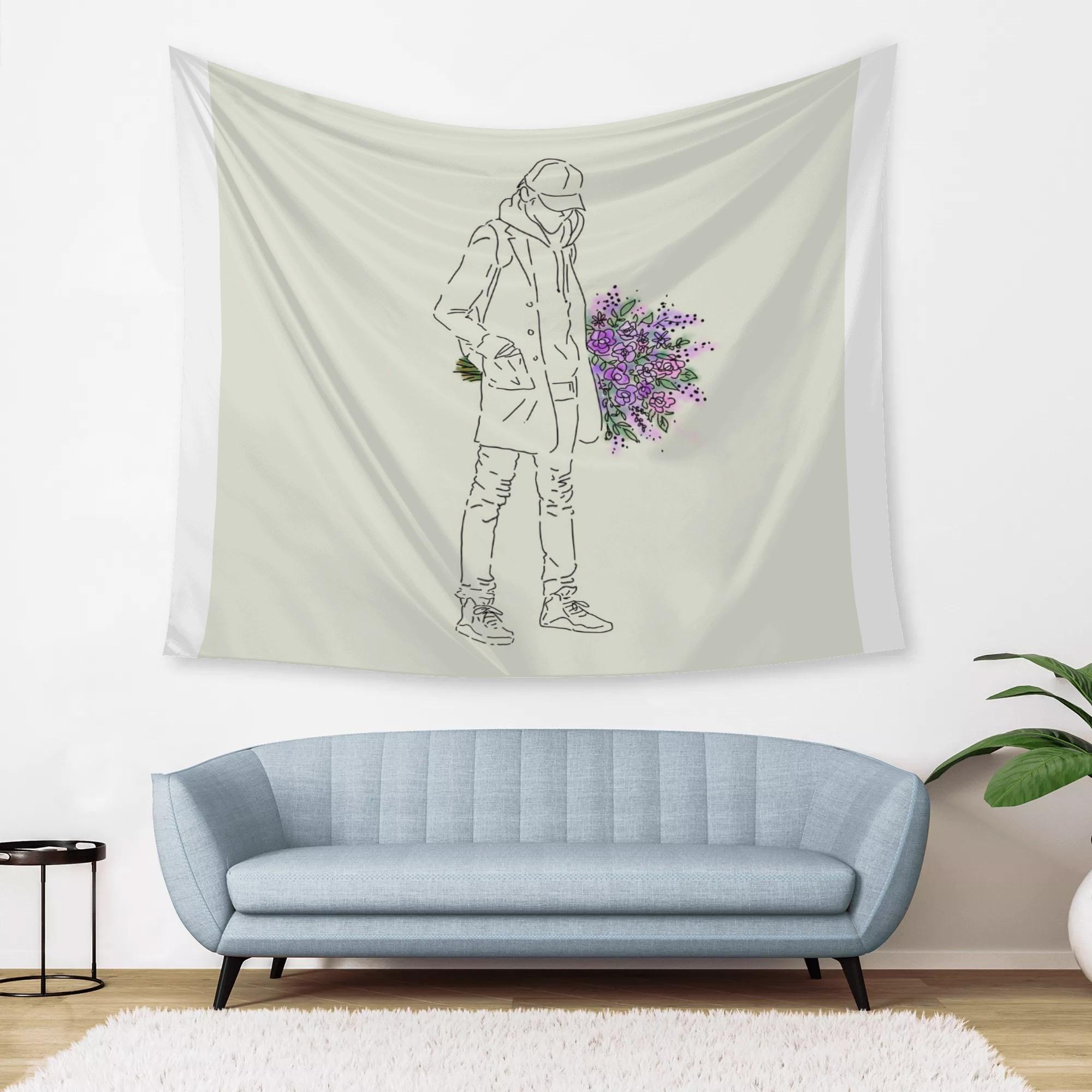 花束を持った青年(タペストリー) タペストリー ユニセックス ホームデコレーション アート 花束 おしゃ..