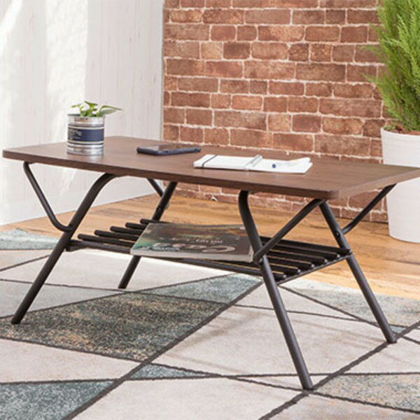 折りたたみテーブル センターテーブル 幅約75cm ダークブラウン 折れ脚式 棚付き スチール 完成品 リビング 在宅ワーク【代引不可】_ID014