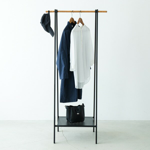 【2個セット】棚付木目柄ハンガーラック(ブラック/黒) 幅70cm×奥行44.5cm コートハンガー/スリム/折り..