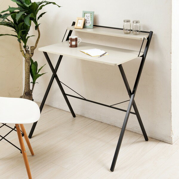 棚付折りたたみワークデスク(ハイタイプ/ナチュラル) 幅80cm 折りたたみ式/テーブル/机/木目/収納/テレ..