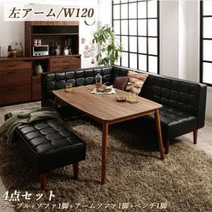 Other - ダイニングテーブル セット 5人 幅120cm おしゃれ 合皮レザー レトロ 黒 天然木ヴィンテージこたつダイニングシリーズ 4点(テーブル+ソファ+左アーム+ベンチ)