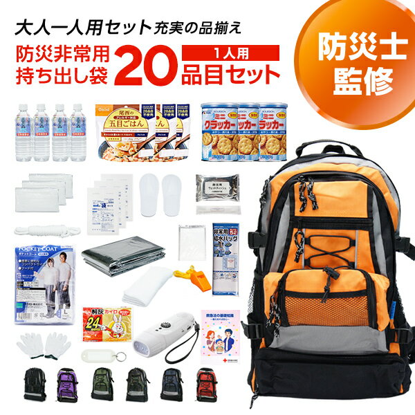 【今だけ10 OFF】専門店が選んだ 非常用持ち出し袋 E：エコノミー 1人用 20品目セット 防災セット 防災グッズ 避難グッズ 避難用 リュック 持出袋 一人用 1人用 一人暮らし 選べる 非常食 保存水 マスク 女性 男性 家族 cp5【レビュー投稿で300円OFFクーポン】【2406ss】